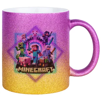 Minecraft Nether Portal, Κούπα Χρυσή/Ροζ Glitter, κεραμική, 330ml