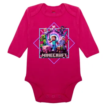 Minecraft Nether Portal, Μακρυμάνικο βρεφικό φορμάκι, 0-18 μηνών, ΡΟΖ, 100% Organic Cotton