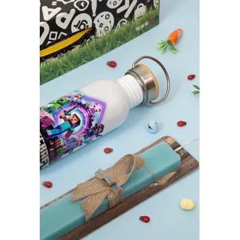 Minecraft Nether Portal, Easter Set, metallic silver aluminum water bottle (500ml) & scented flat Easter candle (30cm) (TURQUOISE)