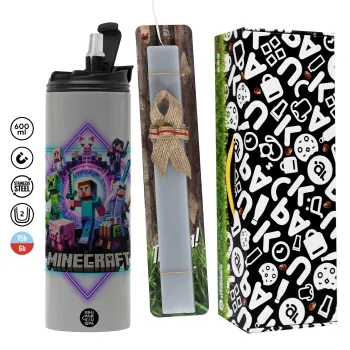 Minecraft Nether Portal, Easter candle with Grey Tumbler Thermo 600ml & aromatic flat candle (30cm) (GREY)