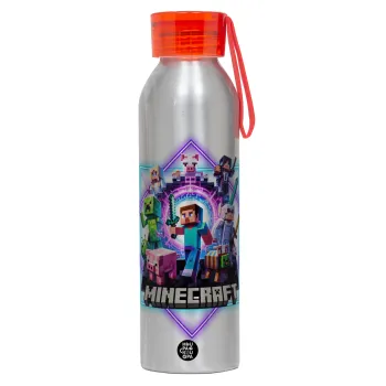 Minecraft Nether Portal, Αλουμινένιο Αθλητικό Μπουκάλι 650ml – Ασημί με Κόκκινο Καπάκι και Λουράκι Σιλικόνης