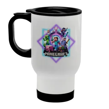 Minecraft Nether Portal, Stainless steel travel mug with lid, double wall white 450ml