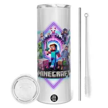 Minecraft Nether Portal, Tumbler ποτήρι θερμό από ανοξείδωτο ατσάλι 600ml, με μεταλλικό καλαμάκι & βούρτσα καθαρισμού
