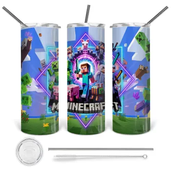 Minecraft Nether Portal, Tumbler ποτήρι θερμό από ανοξείδωτο ατσάλι 600ml, με μεταλλικό καλαμάκι & βούρτσα καθαρισμού