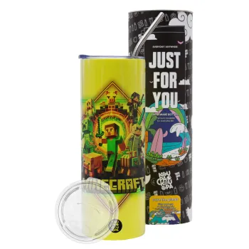 Minecraft Nether Portal, Neon Yellow Travel Tumbler θερμό, μεταλλικό καλαμάκι(Ανωξείδωτο 304 Food grade, BPA free, 600ml)