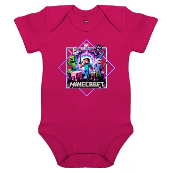 Minecraft Nether Portal, Βρεφικό φορμάκι μωρού, 0-18 μηνών, ΡΟΖ, 100% Organic Cotton, κοντομάνικο
