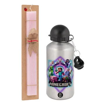Minecraft Nether Portal, Easter Set, metallic Silver aluminum water bottle (500ml) & scented flat Easter candle (30cm) (PINK)