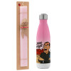 Easter Set, Metallic pink/white (Stainless steel) thermos, double-walled, 500ml & aromatic flat Easter candle (30cm) (PINK)
