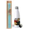 Easter Set, metallic stainless steel water bottle (750ml) & aromatic flat Easter candle (30cm) (TURQUOISE)