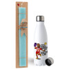 Easter Set, metallic stainless steel water bottle (750ml) & aromatic flat Easter candle (30cm) (TURQUOISE)