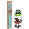 Easter Set, Children's thermal stainless steel bottle with safety straw, green/blue (350ml) & aromatic flat Easter candle (30cm) (TURQUOISE)