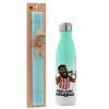 Easter Set, Metallic green/white thermos (Stainless steel), double-walled, 500ml & scented flat Easter candle (30cm) (TURQUOISE)
