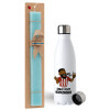 Easter Set, metallic stainless steel water bottle (750ml) & aromatic flat Easter candle (30cm) (TURQUOISE)