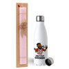 Easter Set, metallic stainless steel water bottle (750ml) & scented flat Easter candle (30cm) (PINK)