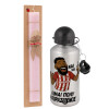 Easter Set, metallic Silver aluminum water bottle (500ml) & scented flat Easter candle (30cm) (PINK)