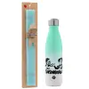 Easter Set, Metallic green/white thermos (Stainless steel), double-walled, 500ml & scented flat Easter candle (30cm) (TURQUOISE)
