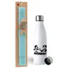 Easter Set, metallic stainless steel water bottle (750ml) & aromatic flat Easter candle (30cm) (TURQUOISE)