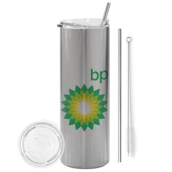 Πρατήριο καυσίμων BP, Eco friendly ποτήρι θερμό Ασημένιο (tumbler) από ανοξείδωτο ατσάλι 600ml, με μεταλλικό καλαμάκι & βούρτσα καθαρισμού