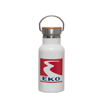 Πρατήριο καυσίμων EKO, Μεταλλικό παγούρι θερμός (Stainless steel) Λευκό με ξύλινο καπακι (bamboo), διπλού τοιχώματος, 350ml