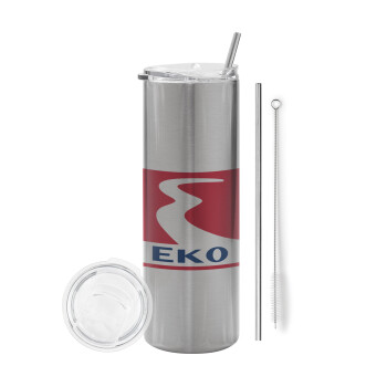 Πρατήριο καυσίμων EKO, Eco friendly ποτήρι θερμό Ασημένιο (tumbler) από ανοξείδωτο ατσάλι 600ml, με μεταλλικό καλαμάκι & βούρτσα καθαρισμού