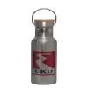 Stainless steel metallic thermos flask, silver with a bamboo lid, double-walled, 350ml.