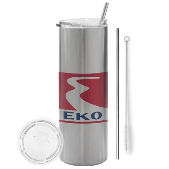 Πρατήριο καυσίμων EKO, Tumbler ποτήρι θερμό Ασημένιο από ανοξείδωτο ατσάλι 600ml, με μεταλλικό καλαμάκι & βούρτσα καθαρισμού