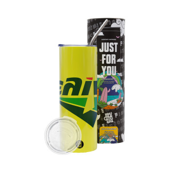 Πρατήριο καυσίμων ΕΛΙΝ, Neon Yellow Travel Tumbler θερμό, μεταλλικό καλαμάκι(Ανωξείδωτο 304 Food grade, BPA free, 600ml)