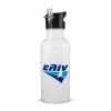 White water bottle with straw, stainless steel 600ml