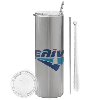 Πρατήριο καυσίμων ΕΛΙΝ, Tumbler ποτήρι θερμό Ασημένιο από ανοξείδωτο ατσάλι 600ml, με μεταλλικό καλαμάκι & βούρτσα καθαρισμού