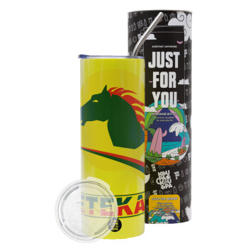 Πρατήριο καυσίμων ETEKA, Neon Yellow Travel Tumbler θερμό, μεταλλικό καλαμάκι(Ανωξείδωτο 304 Food grade, BPA free, 600ml)