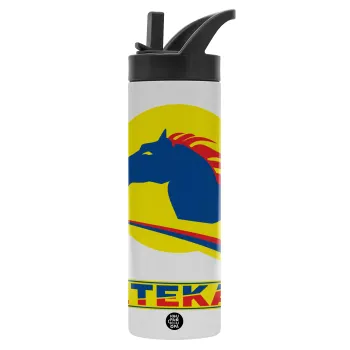 Πρατήριο καυσίμων ETEKA, Μεταλλικό παγούρι θερμός με καλαμάκι & χειρολαβή, ανοξείδωτο ατσάλι (Stainless steel 304), διπλού τοιχώματος, 600ml