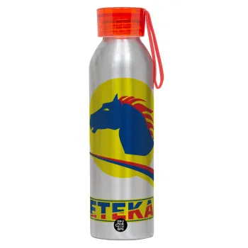 Πρατήριο καυσίμων ETEKA, Αλουμινένιο Αθλητικό Μπουκάλι 650ml – Ασημί με Κόκκινο Καπάκι και Λουράκι Σιλικόνης