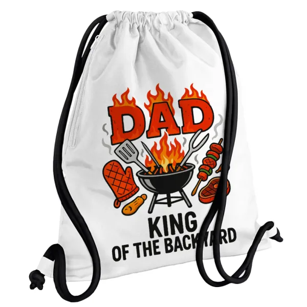 DAD "King of the Backyard" — Τσάντα πλάτης πουγκί GYMBAG λευκή, με τσέπη (40x48cm) & χονδρά κορδόνια