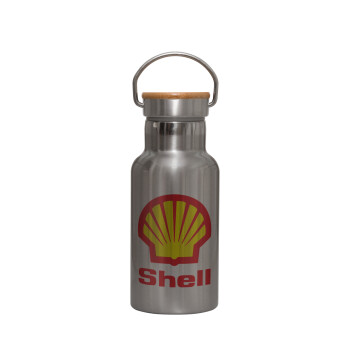 Πρατήριο καυσίμων SHELL, Μεταλλικό παγούρι θερμός (Stainless steel) Ασημένιο με ξύλινο καπακι (bamboo), διπλού τοιχώματος, 350ml