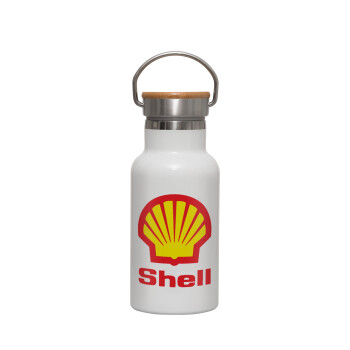 Πρατήριο καυσίμων SHELL, Metallic thermos (Stainless steel) White with wooden lid (bamboo), double-walled, 350ml