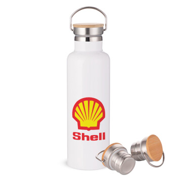 Πρατήριο καυσίμων SHELL, Μεταλλικό παγούρι θερμός (Stainless steel) Λευκό με ξύλινο καπάκι (bamboo), διπλού τοιχώματος, 750ml