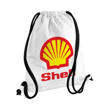 Πρατήριο καυσίμων SHELL, Τσάντα πλάτης πουγκί GYMBAG λευκή, με τσέπη (40x48cm) & χονδρά κορδόνια