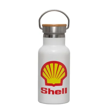 Πρατήριο καυσίμων SHELL, Μεταλλικό παγούρι θερμός (Stainless steel) Λευκό με ξύλινο καπακι (bamboo), διπλού τοιχώματος, 350ml