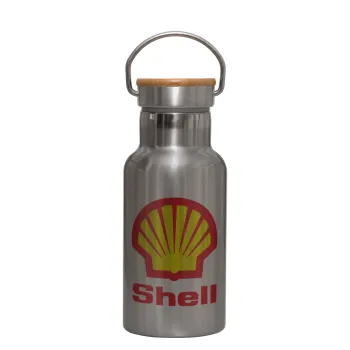 Πρατήριο καυσίμων SHELL, Μεταλλικό παγούρι θερμός (Stainless steel) Ασημένιο με ξύλινο καπακι (bamboo), διπλού τοιχώματος, 350ml