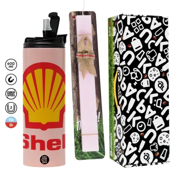 Πρατήριο καυσίμων SHELL, Πασχαλινή Λαμπάδα με  ΡΟΖ Travel Tumbler θερμό (600ml, BPA free) & κερί αρωματικό πλακέ (30cm) (ΡΟΖ)