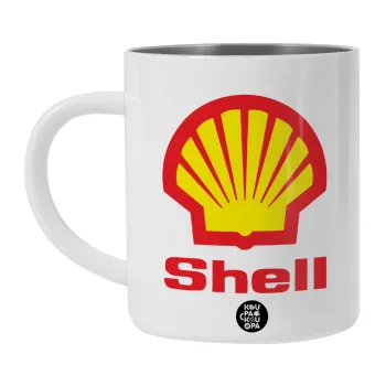 Πρατήριο καυσίμων SHELL, Λευκή Ανοξείδωτη Μεταλλική Κούπα 450ml - Διπλού Τοιχώματος 