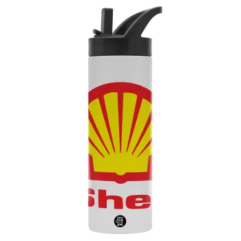 Πρατήριο καυσίμων SHELL, Metallic thermos bottle with straw & handle, stainless steel (Stainless steel 304), double-walled, 600ml.