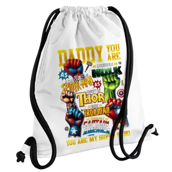 Daddy You Are my Hero, Backpack pouch GYMBAG white, with pocket (40x48cm) & thick cords