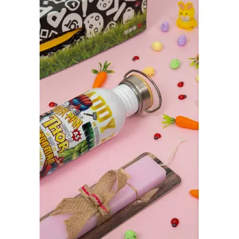 Daddy You Are my Hero, Easter Set, SS Metallic water bottle (620ml, stainless steel) & scented flat Easter candle (30cm) (PINK)