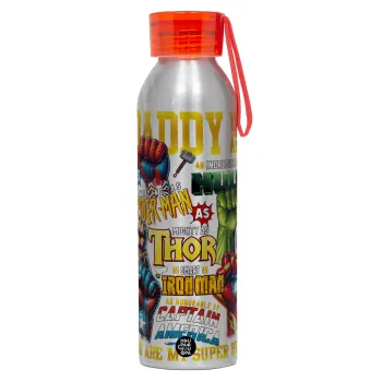 Daddy You Are my Hero, Αλουμινένιο Αθλητικό Μπουκάλι 650ml – Ασημί με Κόκκινο Καπάκι και Λουράκι Σιλικόνης