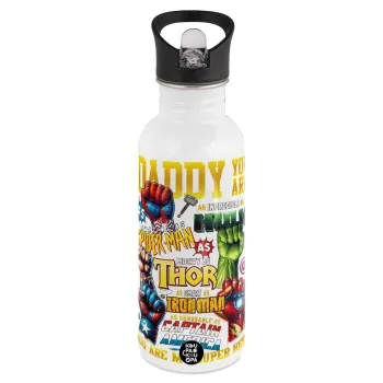 Daddy You Are my Hero, White water bottle with straw, stainless steel 600ml