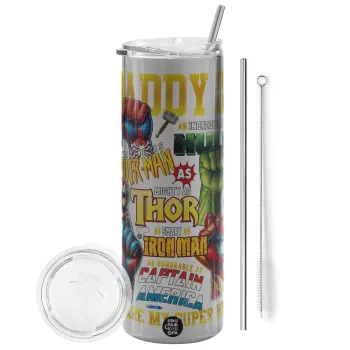 Daddy You Are my Hero, Tumbler stainless steel Silver 600ml, with metal straw & cleaning brush