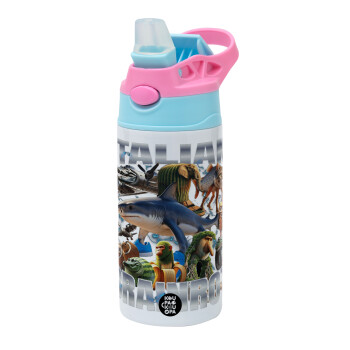 Italian Brainrot, Παιδικό παγούρι θερμό, ανοξείδωτο, με καλαμάκι ασφαλείας, Ροζ/Σιελ (360ml) BPA FREE