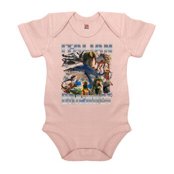 Italian Brainrot, Βρεφικό φορμάκι μωρού, 0-18 μηνών, ΡΟΖ POWDER, 100% Organic Cotton, κοντομάνικο