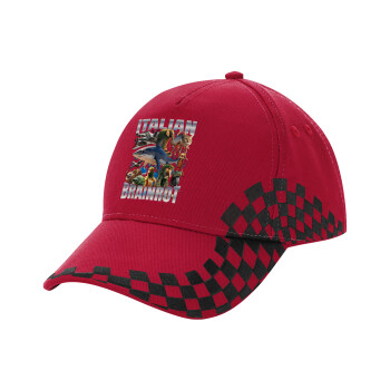 Italian Brainrot, Καπέλο Ενηλίκων Ultimate ΚΟΚΚΙΝΟ/ΜΑΥΡΟ RACING με Σκρατς, (100% ΒΑΜΒΑΚΕΡΟ DRILL, ΕΝΗΛΙΚΩΝ, UNISEX, ONE SIZE)